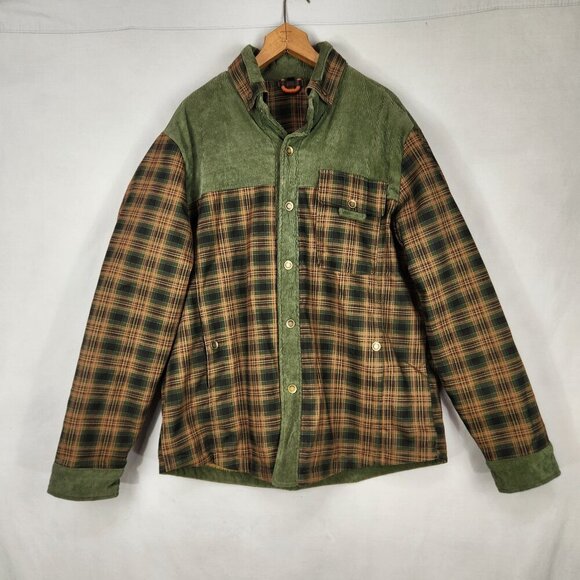 Plush Lined Casual Outdoor Jacket Coat Men's L Green Brown Plaid Corduroy Pocket - Picture 1 of 9